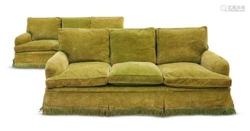 A PAIR OF GREEN UPHOLSTERED SOFAS IN VICTORIAN TASTE, 20TH C...