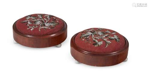A PAIR OF VICTORIAN WALNUT AND BEAD MOUNTED FOOT STOOLS, MID...