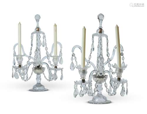 A PAIR OF FOUR BRANCH FACETED GLASS CANDELABRA, 20TH CENTURY...