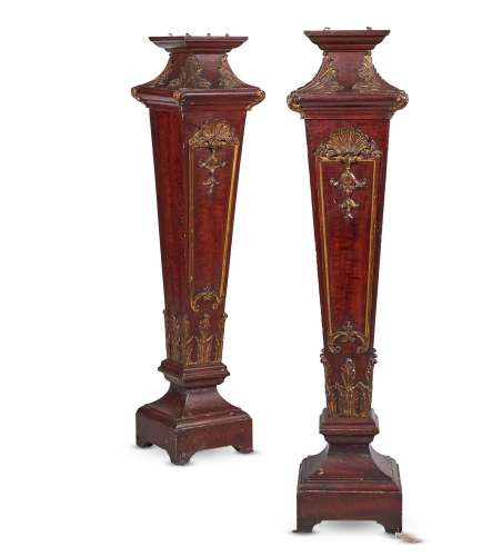 A PAIR OF STAINED WOOD AND PARCEL GILT PEDESTALS IN GEORGE I...