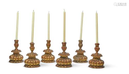 A SET OF SIX GILTWOOD CANDLESTICKS, LATE 19TH CENTURY