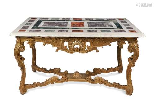 A GILTWOOD AND MARBLE TOPPED CONSOLE TABLE IN REGENCY STYLE,...