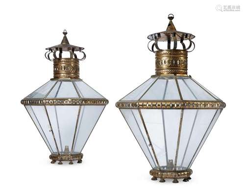 A PAIR OF PRESSED METAL AND GLAZED OCTAGONAL TAPERING HALL L...