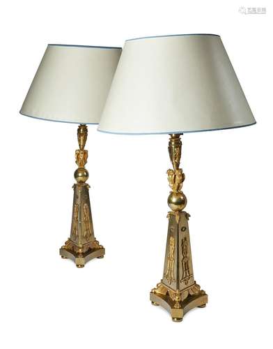 A PAIR OF GILT BRASS TABLE LAMPS IN THE EMPIRE STYLE, LATE 1...