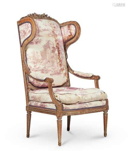 A GREY PAINTED BEECH WING OPEN ARMCHAIR IN LOUIS XVI STYLE, ...