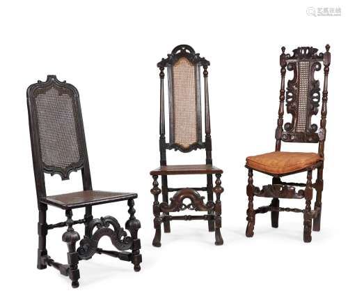 A GROUP OF THREE OAK SIDE CHAIRS IN CHARLES II STYLE, LATE 1...