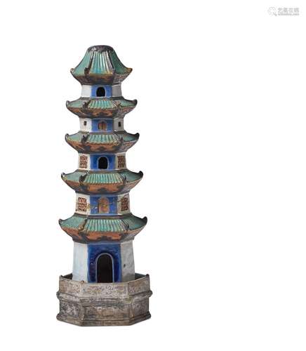 A CHINESE SHIWAN TYPE POTTERY PAGODA, LATE QING DYNASTY