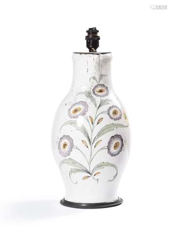 A GERMAN FAYENCE PEWTER-MOUNTED POLYCHROME JUG, MID 18TH CEN...