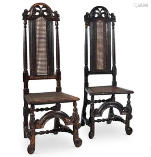 A PAIR STAINED WOOD SIDE CHAIRS, LATE 17TH CENTURY AND LATER