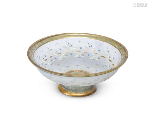 A CONTINENTAL FROSTED GLASS TAZZA PAINTED IN COLOURED ENAMEL...