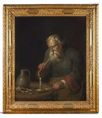 FOLLOWER OF DAVID TENIERS, A BEARDED MAN LIGHTING HIS PIPE