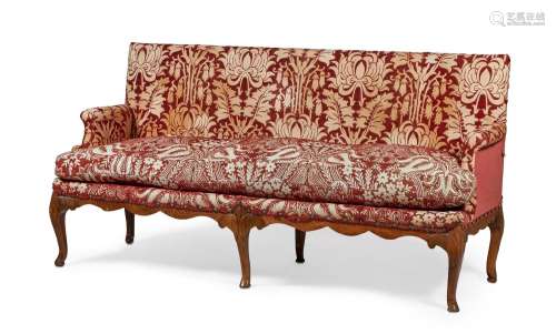 A WALNUT AND UPHOLSTERED SOFA IN QUEEN ANNE STYLE,19TH OR EA...