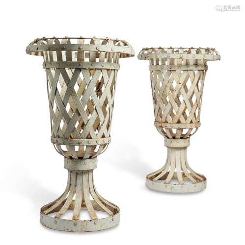 A PAIR OF CREAM PAINTED URN SHAPED BRAZIERS