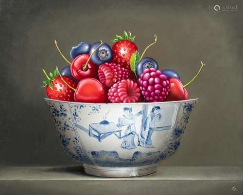 Ignace Bauwens, still life with red fruit in a Chinese bloss...