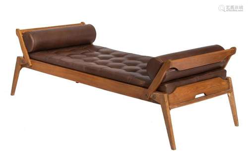 A brown leather and oak daybed by René-Jean Cailette, H 70 -...