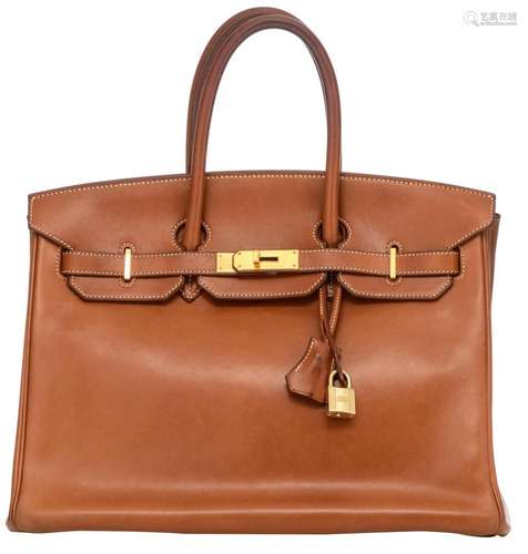 HERMÈS, Birkin 35 bag, Gold Barenia calfskin leather, with g...