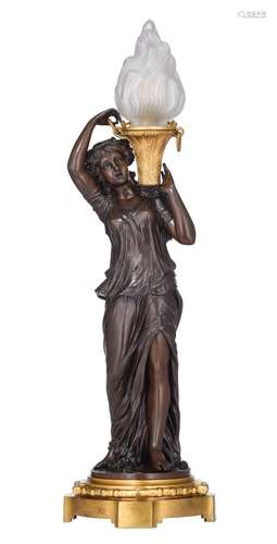 A gilt and patinated bronze figural lamp, H 57 cm