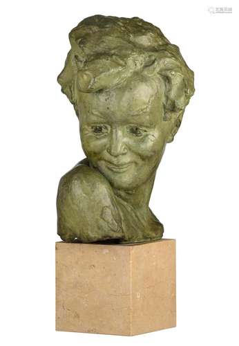 Victor Demanet (1895-1964), bust of a boy, green patinated b...