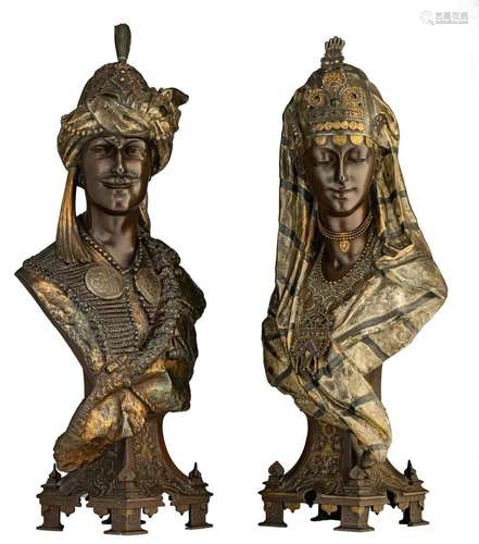 A pair of patinated spelter busts of an Ottoman princely cou...