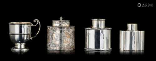 A collection of three tea boxes and a beaker, H 9,5 - 11,5 c...