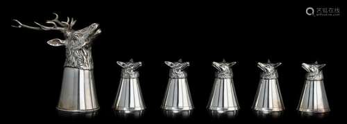 A set of six silver stirrup cups goblets with hunting motifs...