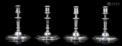 A set of four German silver candlesticks, hallmarked Dresden...