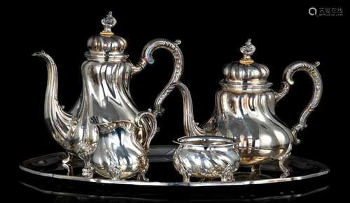 A German Rococo Revival silver five-part coffee and tea set,...