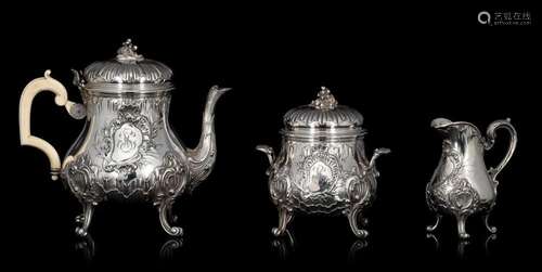 A French three-part silver Rococo Revival coffee set, 950/00...