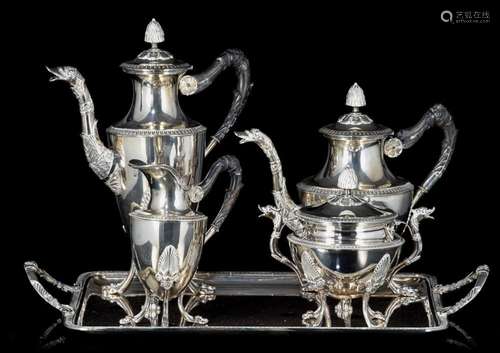 A four-part Empire-style silver coffee and tea set on a matc...