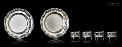 Two silver platters and four salts, Delheid Frères - Belgium...