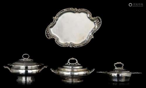 A set of three silver vegetable bowls and a matching tray, H...