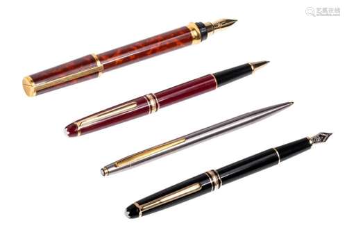 A collection of Dupont and Mont Blanc fountain pens, a rolle...