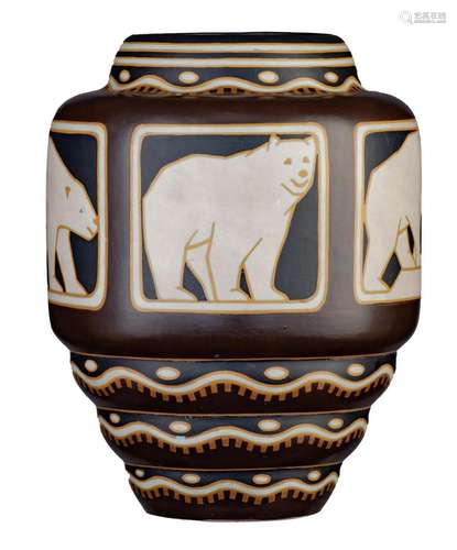 An impressive Art Deco stoneware polar bear vase, Jan Wind f...