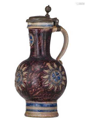 An exceptional pewter-mounted stoneware Westerwald jug, date...