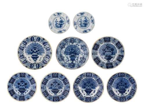 A collection of nine blue and white Dutch Delft dishes and c...