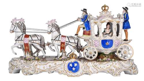 A Saxony porcelain group of a gallant lady in a chariot in R...