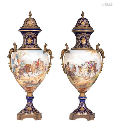 A pair of Sèvres type vases, with hand-painted 17thC battle ...