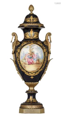 A large bleu royal ground Sèvres type vase with gilt bronze ...