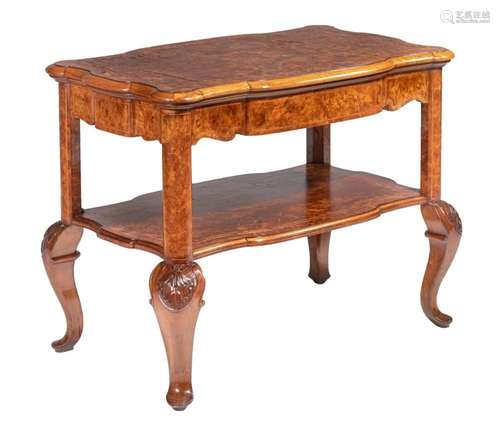 An English side table on baluster feet, burr and walnut vene...