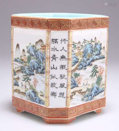 A CHINESE FAMILLE ROSE 'LANDSCAPE' BRUSH POT, REPUBLICAN PER...