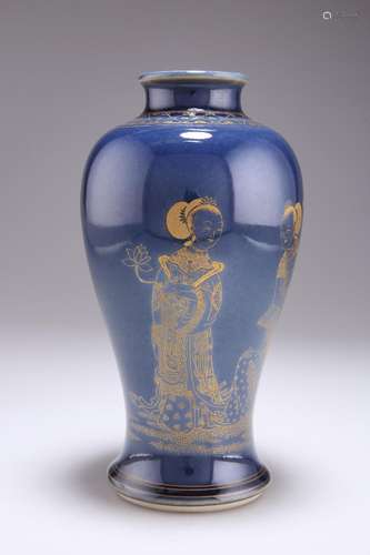 A CHINESE DOUCAI-DECORATED POWDER-BLUE-GROUND ROULEAU VASE