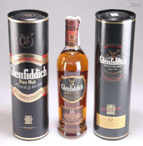 A MIXED LOT OF 3 BOTTLES OF FINE MALT WHISKIES FROM GLENFIDD...