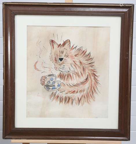 AFTER LOUIS WAIN (1860-1939), A CAT DRINKING A CUP OF TEA