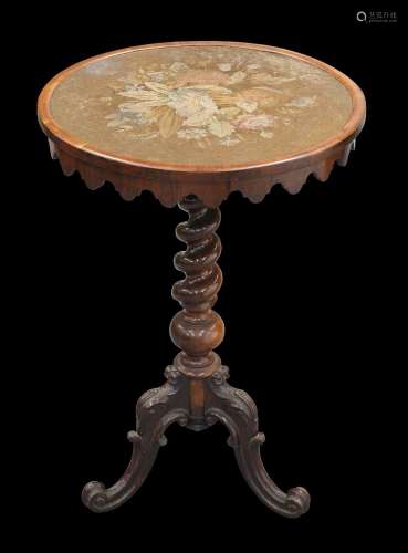 A VICTORIAN ROSEWOOD AND WOOLWORK TILT-TOP TRIPOD TABLE