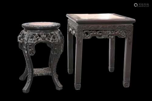 TWO CHINESE MARBLE-INSET HARDWOOD JARDINIERE STANDS