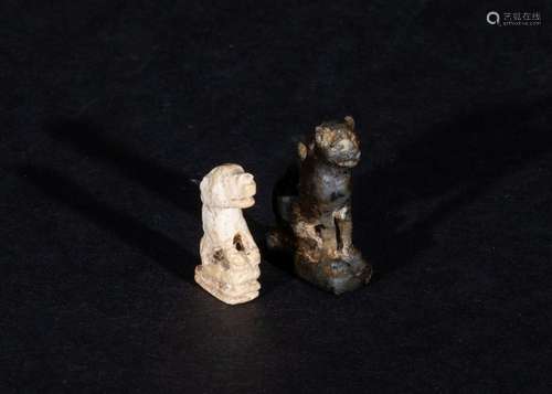 AN EGYPTIAN CAT AMULET & STONE DOG AMULET, NEW KINGDOM C...