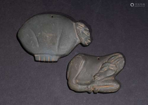 TWO EGYPTIAN OR LATER STONE LAMB & COW PALETTE AMULETS