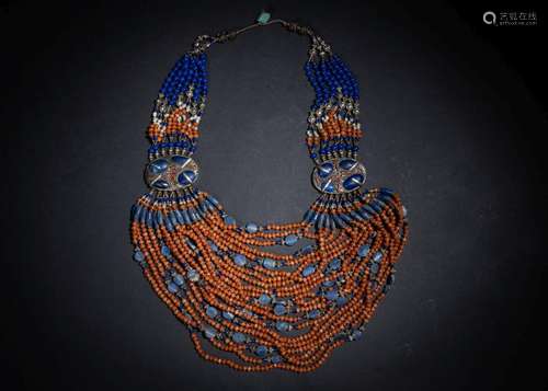 A MOSAIC STYLE CORAL, LAPIS LAZULI & VARIOUS SEMI PRECIO...