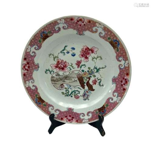 A Chinese famille rose large plate, decorated with a scroll,...