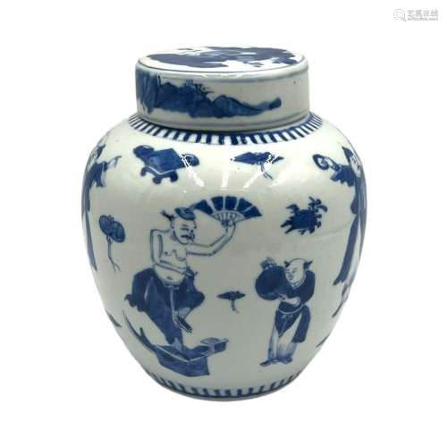 A Chinese blue and white jar and cover, decorated with figur...